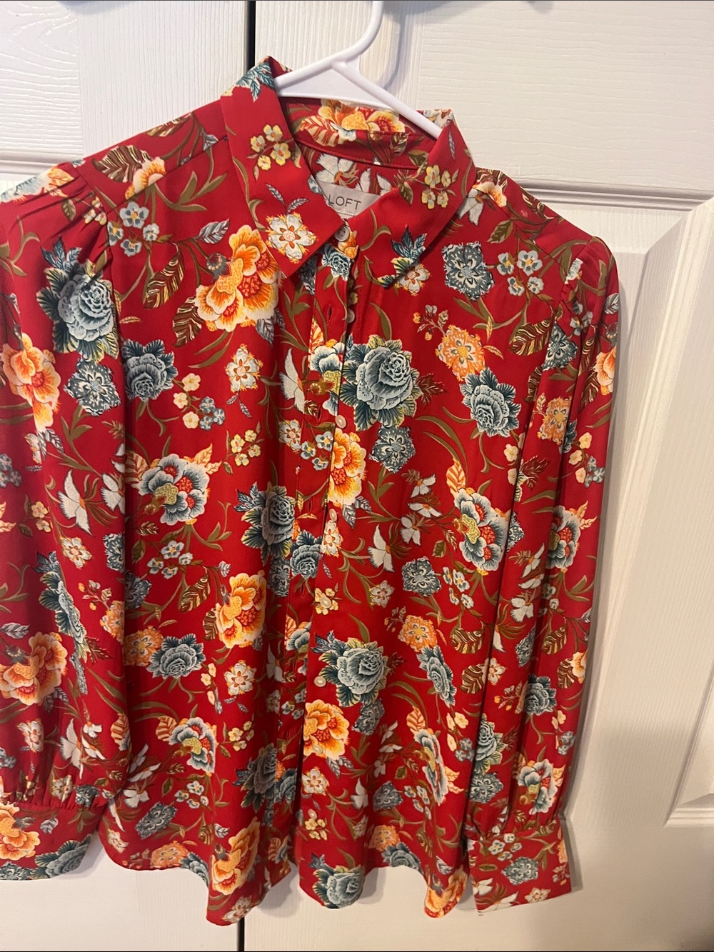 LOFT Red Floral Button-Down Shirt with Yellow & Blue Accents